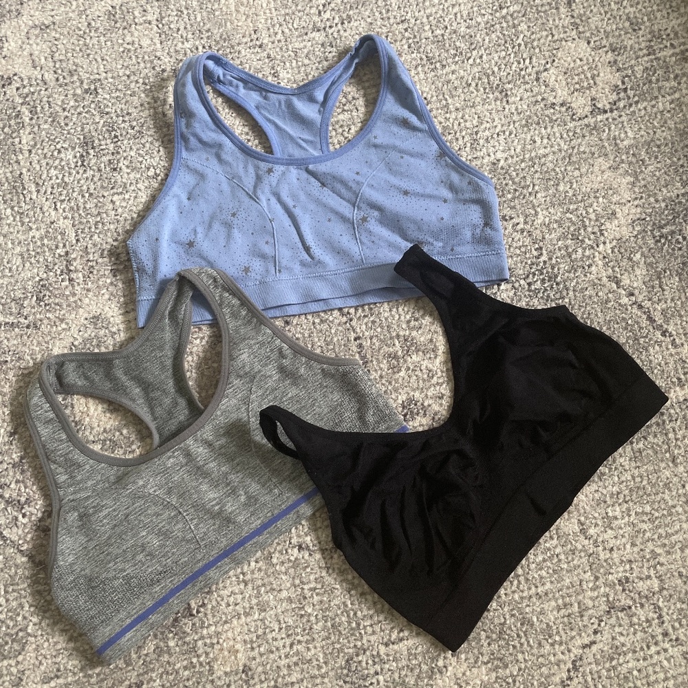 Set of 3 bundle Sports bras periwinkle blue w/silver stars Grey gray and black